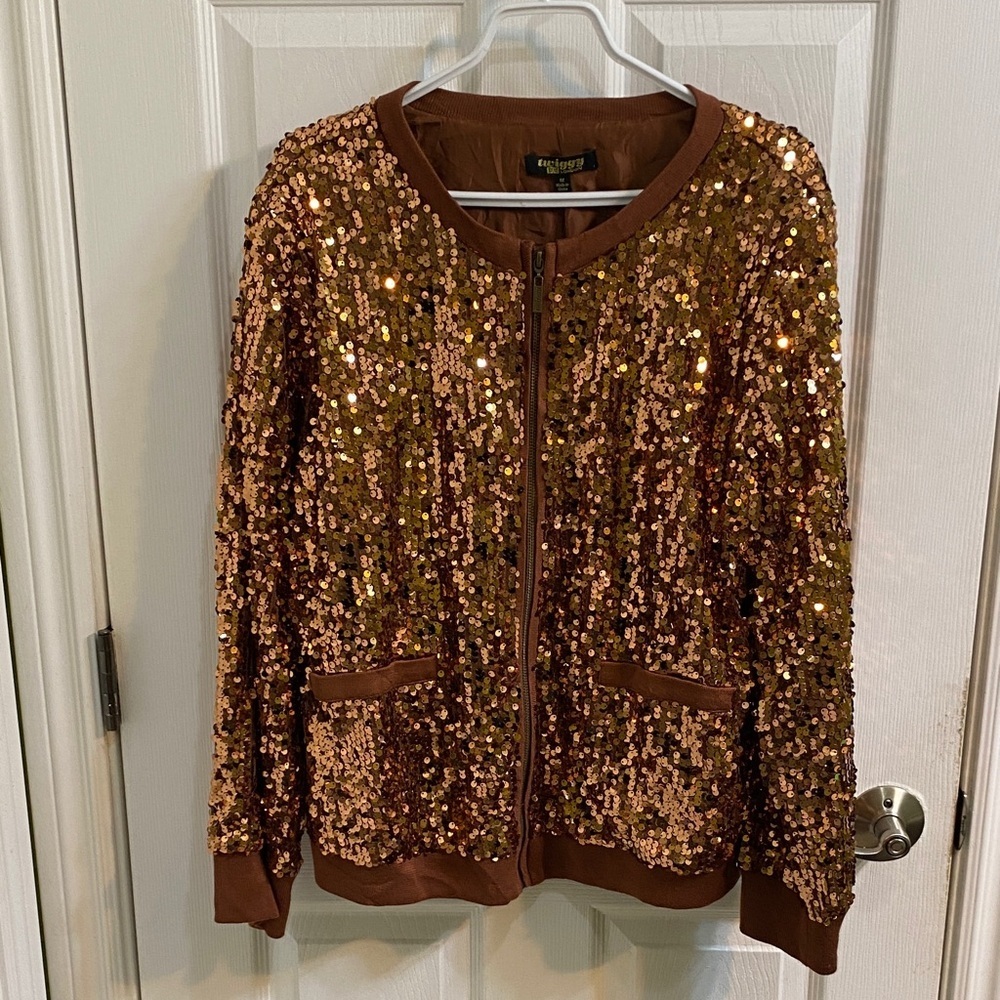Twiggy London Bronze Sequin Womens Bomber Jacket Size 1X Evening Shimmer NYE